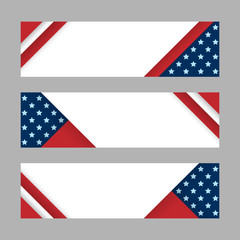 Wall Mural - Set of modern vector horizontal banners, page headers with stripes and stars in the colors of the American flag. Material design banners for Presidents day, USA Independence day, national celebrations