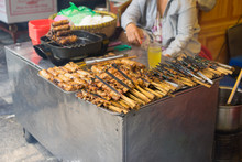 Barbecue Meat - The Ingredient Of "bun Cha" Is The Famous Vietnamese Noodle Soup With Bbq Meat, Spring Roll, Vermicelli And Fresh Vegetable Served On Bamboo Flat Basket