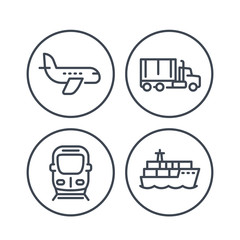 Wall Mural - transportation industry line icons, maritime transport, ship, cargo truck, train