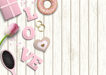 Pink Letters LOVE, Romantic Motive, Inspired By Flat Lay Style, Illustration