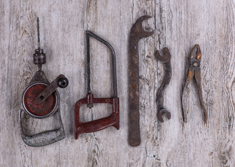 Wall Mural - tools, hand drill, a saw and a wrench, vintage