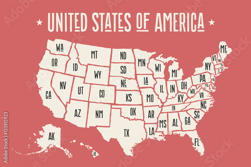 Fotomural Poster map of United States of America with state names