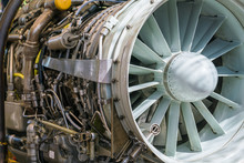 Military Fighter Jet Engine Inside - Airplane Gas Turbine Engine Detail - Plane Rotor Under Heavy Maintenance. 