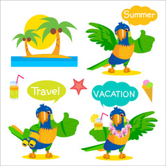 Wall Mural - Recreation And Entertainment. Set Of Funny Parrot Tourist Mascot. Vacation And Tourism Icons And Talk Balloons Vector Illustration. Rainbow Parrot For Sale.