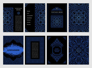 Poster - Eastern blue arabic vector lines design templates. Muslim floral frame for card and postcard
