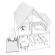 Line drawing of a home cross-section showing different areas of the house patio kitchen living room office & bedroom.