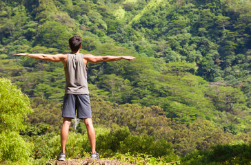 Healthy active lifestyle concept. Fit male doing body stretch workout. 