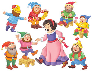 Wall Mural - The Snow White and seven dwarfs. Fairy tale. Coloring page. Cute and funny cartoon characters.