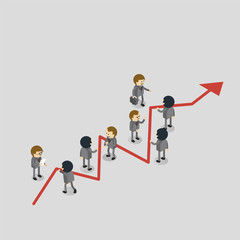 Group of managers positioned around graph showing rising busines