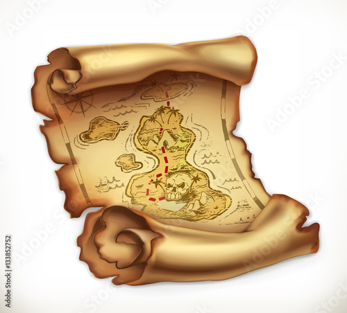 Old map, treasure island. 3d vector icon