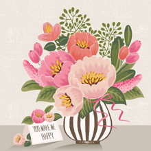 Vector Illustration Of A Bunch Of Beautiful Flowers In A Striped Vase With A Card. Beige Background
