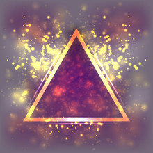 Abstract Light Background, Triangular Gold Frame. Blurred Pastel Magenta And Purple Space, Dust, Particle And Glare. Fantastic Cosmos And The Universe, Illustration Astrological Backdrop Galaxy