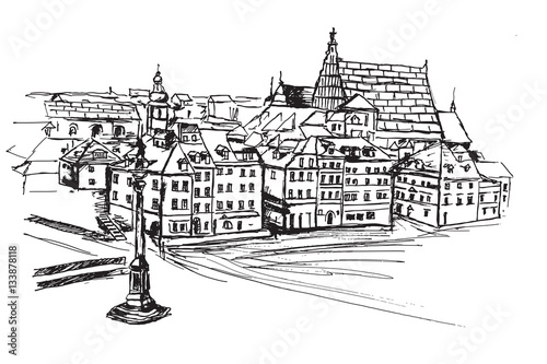 panorama-placu-zamkowego-w-warszawie-rysunek-recznie-rysowany-na-bialym-tle