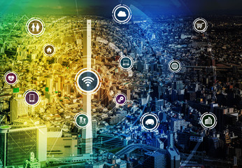 Aufkleber - smart city and wireless communication network, IoT(Internet of Things), ICT(Information Communication Technology), digital transformation, abstract image visual