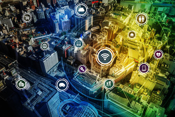 Poster - smart city and wireless communication network, IoT(Internet of Things), ICT(Information Communication Technology), digital transformation, abstract image visual