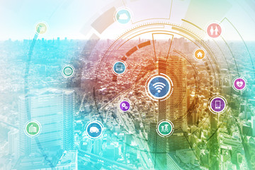 Poster - smart city and wireless communication network, IoT(Internet of Things), ICT(Information Communication Technology), digital transformation, abstract image visual