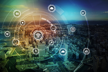 Aufkleber - smart city and wireless communication network, IoT(Internet of Things), ICT(Information Communication Technology), digital transformation, abstract image visual