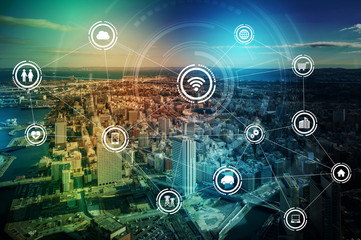 Aufkleber - smart city and wireless communication network, IoT(Internet of Things), ICT(Information Communication Technology), digital transformation, abstract image visual