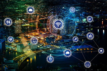 Poster - smart city and wireless communication network, IoT(Internet of Things), ICT(Information Communication Technology), digital transformation, abstract image visual