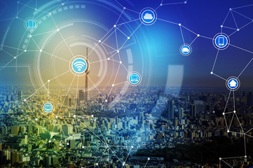 Fototapete - smart city and wireless communication network, IoT(Internet of Things), ICT(Information Communication Technology), digital transformation, abstract image visual