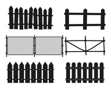 Rural Wooden Fences, Pickets Vector Silhouettes