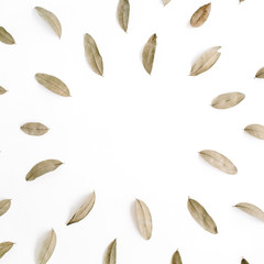Wall Mural - Dried brown leaves frame on white background. Flat lay, top view