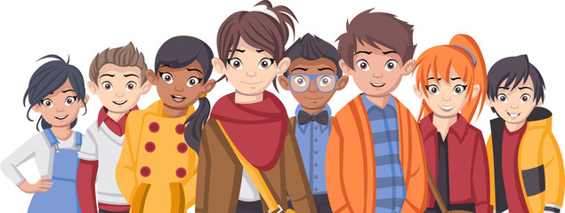 Wall Mural - Group of cartoon fashion children. Teenager.
