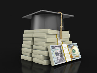 Poster - Graduation cap and Pile of Dollars. Image with clipping path