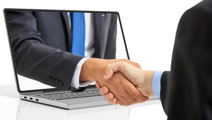 Wall Mural - Men shaking hands through a laptop screen. 3d illustration