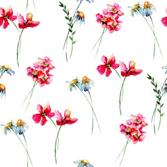 Poster - Seamless wallpaper with Stylized wild flowers