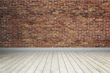 Empty Red Brick Wall And White Wooden Floor