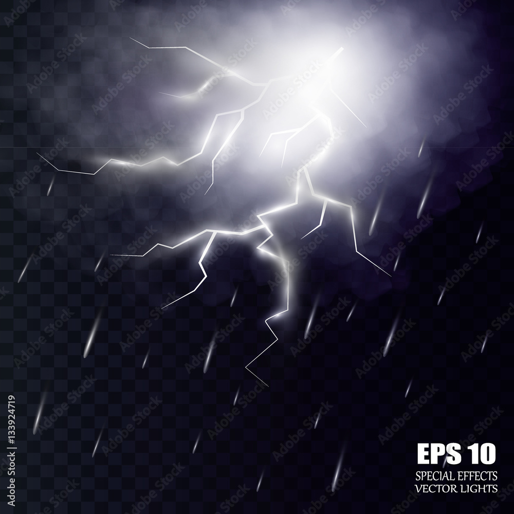 Storm and Lightning with rain and white cloud isolated on transparent ...
