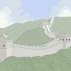 Linier topigraphical style rendering of the Great Wall of China looking up a hill at sky & clouds