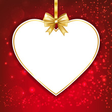 Happy Valentines Day Greeting Template With Heart Frame And Gold Bow On Red Sparkles Background. Vector Illustration.