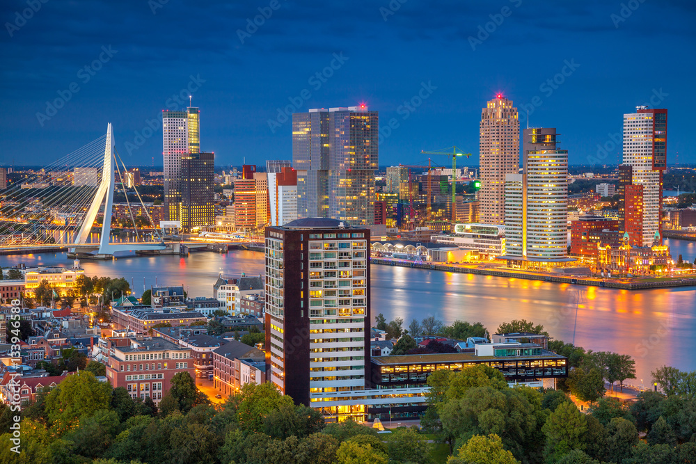 Rotterdam. Cityscape image of Rotterdam, Netherlands during twilight blue hour. - obrazy, fototapety, plakaty 