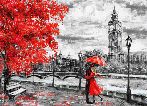 Naklejka dekoracyjna oil painting on canvas, street of london. Artwork. Big ben. man and woman under an red umbrella. Tree. England. Bridge and river