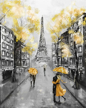 Oil Painting, Paris. European City Landscape. France, Wallpaper, Eiffel Tower. Black, White And Yellow, Modern Art. Couple Under An Umbrella On Street