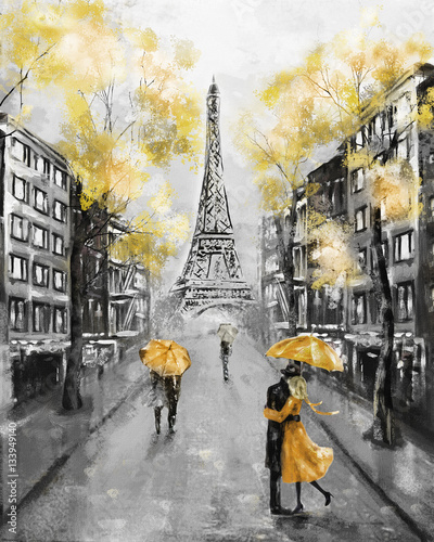 Naklejka - mata magnetyczna na lodówkę Oil Painting, Paris. european city landscape. France, Wallpaper, eiffel tower. Black, white and yellow, Modern art. Couple under an umbrella on street