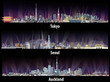 Tokyo, Seoul, Sydney and Auckland skylines at night illustrations