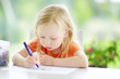 © MNStudio - Cute little girl drawing with colorful pencils at a daycare