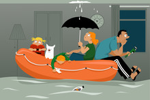Family Sitting In An Inflatable Boat In A Flooded Living Room Of Their House, Ceiling Is Leaking, EPS 8 Vector Illustration