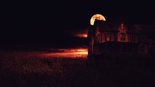 Horror Halloween Haunted House In Creepy Dark Night With Moon.	