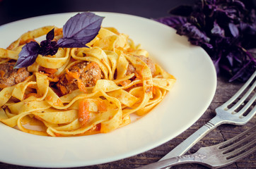 Sticker - Pasta with meatballs on wooden background