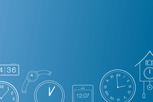 Vector Illustration Of Running Out Of Time Concept. Clock Is Ticking Concept. Collection Of Clocks. Email Banner Background Overlay.