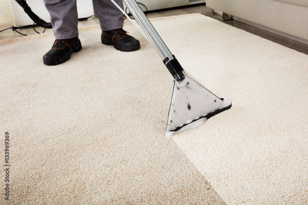 Person Cleaning Carpet With Vacuum Cleaner - obrazy, fototapety, plakaty 