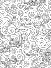 Abstract Hand Drawn Outline Wave Curl Seamless Pattern In East Asian Style Isolated On White Background.
