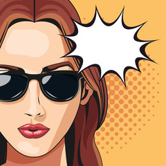 Wall Mural - pop art woman sunglasses bubble speech dotted background vector illustration eps 10