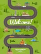 Welcome to Europe poster with famous attractions along winding road vector illustration. Travel concep with Eiffel Tower, Leaning Tower, Kremlin, Coliseum. Worldwide traveling, time to travel concept
