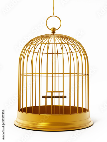 Fotografie, Obraz Gold bird cage isolated on white background. 3D illustration