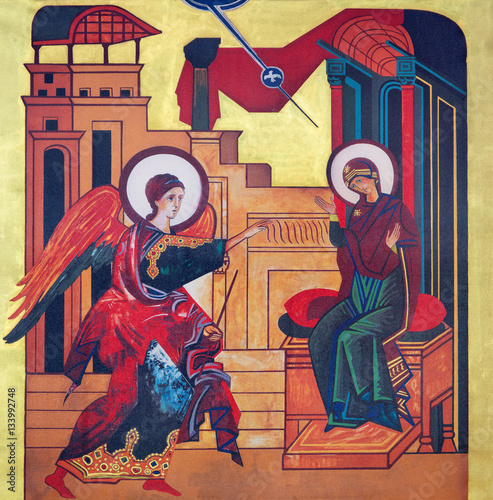 Fotografía VIENA, AUSTRIA - 19 DE DICIEMBRE DE 2016: El icono de la Anunciación en el lienzo en la iglesia Brigitta Kirche desigined en el 20 cent